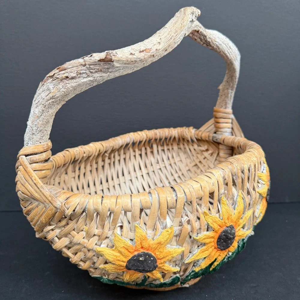Vintage Woven Rattan Sunflower Basket Driftwood Handle Tan Yellow Rustic Boho